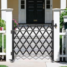 image-VEVOR Single Folding Security Gate, Lockable Scissor Gate with 360° Swivel Casters, Outdoor Barricade Steel Retractable Gates, for Entry Security, Garage, Warehouse & Pool, 43.31 x 51.57 in (W x H)