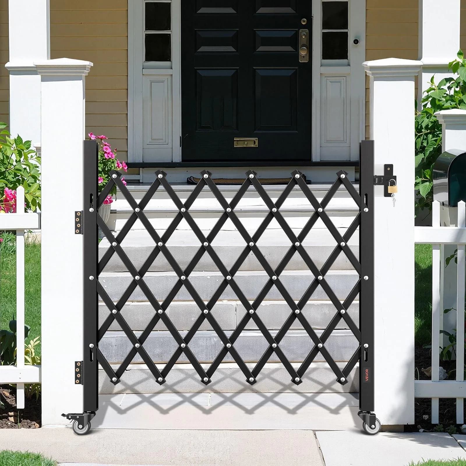 image-VEVOR Single Folding Security Gate, Lockable Scissor Gate with 360° Swivel Casters, Outdoor Barricade Steel Retractable Gates, for Entry Security, Garage, Warehouse & Pool, 43.31 x 51.57 in (W x H)