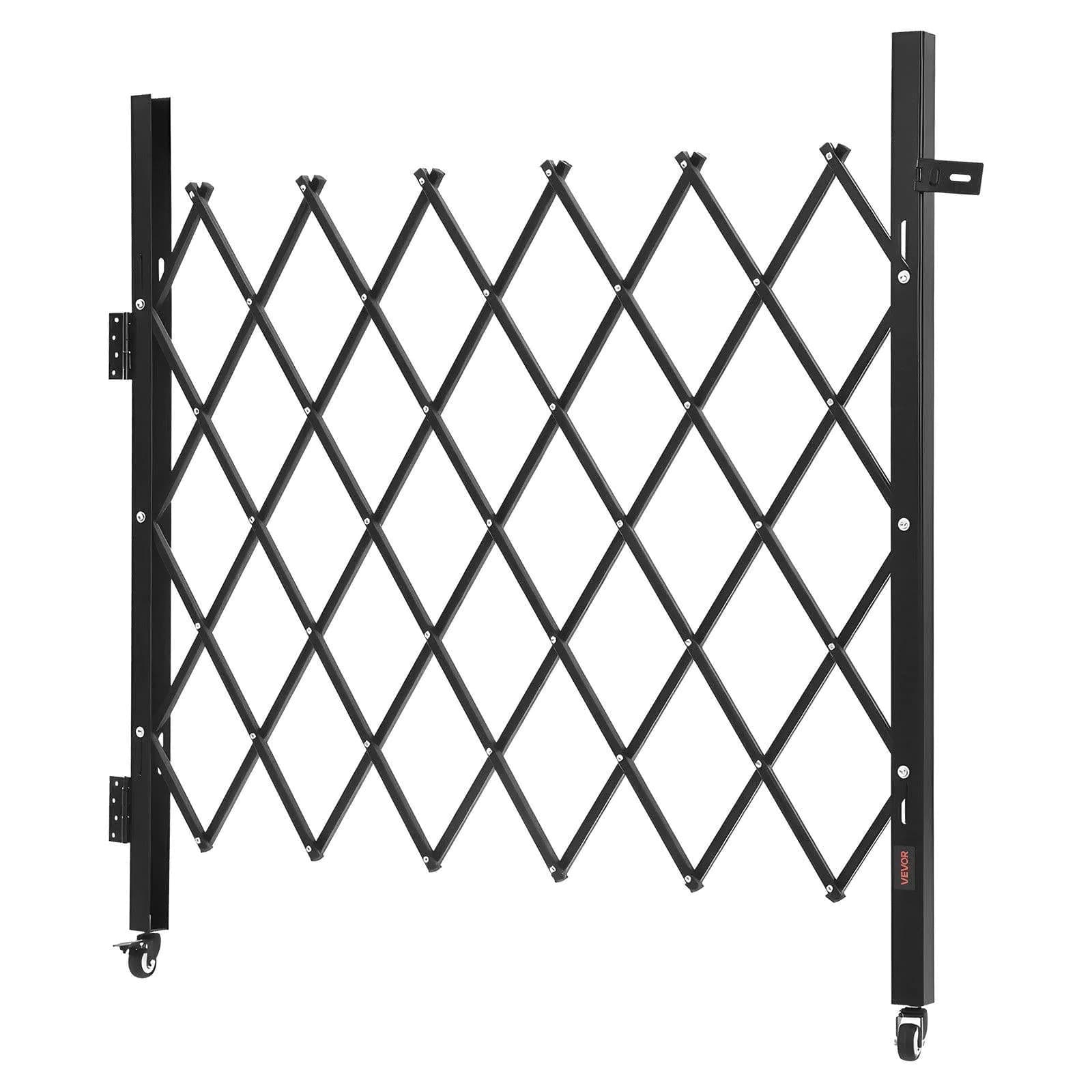 image-VEVOR Single Folding Security Gate, Lockable Scissor Gate with 360° Swivel Casters, Outdoor Barricade Steel Retractable Gates, for Entry Security, Garage, Warehouse & Pool, 43.31 x 51.57 in (W x H)