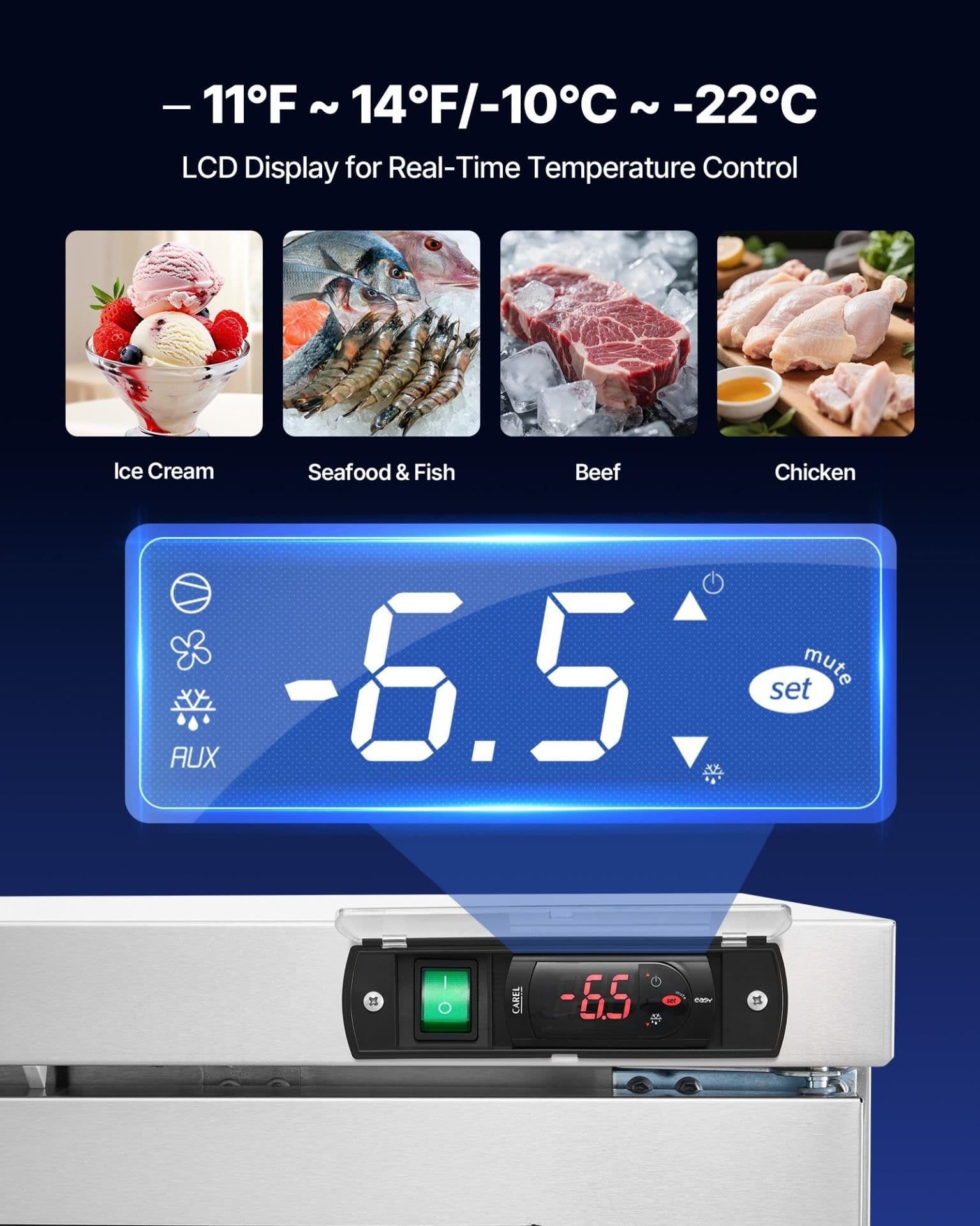 image-VEVOR 60" W Commercial Freezer, 14.8 Cu.Ft Worktop Freezers Undercounter with LED Auto Lighting and Lockable Door, 2 Doors Food Freezing Prep Worktable, Stainless Steel Prep Frozen Table with Casters