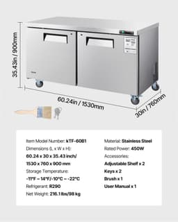 image-VEVOR 60" W Commercial Freezer, 14.8 Cu.Ft Worktop Freezers Undercounter with LED Auto Lighting and Lockable Door, 2 Doors Food Freezing Prep Worktable, Stainless Steel Prep Frozen Table with Casters