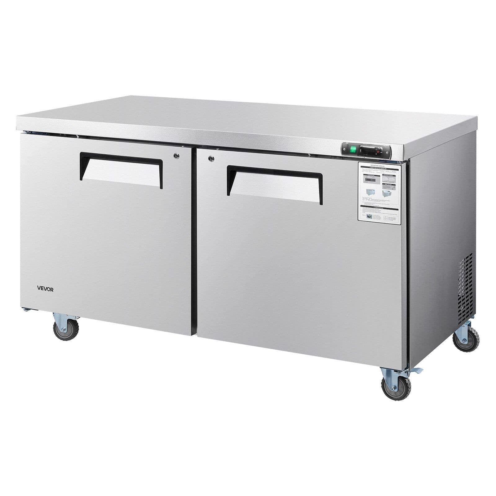 image-VEVOR 60" W Commercial Freezer, 14.8 Cu.Ft Worktop Freezers Undercounter with LED Auto Lighting and Lockable Door, 2 Doors Food Freezing Prep Worktable, Stainless Steel Prep Frozen Table with Casters