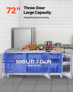 image-VEVOR 72" W Commercial Freezer, 17.7 Cu.Ft Worktop Freezers Undercounter with LED Auto Lighting and Lockable Door, 3 Doors Food Freezing Prep Worktable, Stainless Steel Prep Frozen Table with Casters