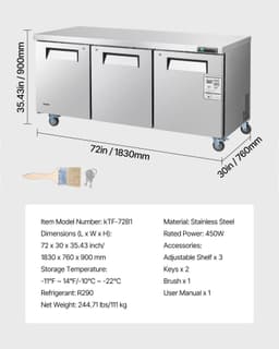 image-VEVOR 72" W Commercial Freezer, 17.7 Cu.Ft Worktop Freezers Undercounter with LED Auto Lighting and Lockable Door, 3 Doors Food Freezing Prep Worktable, Stainless Steel Prep Frozen Table with Casters