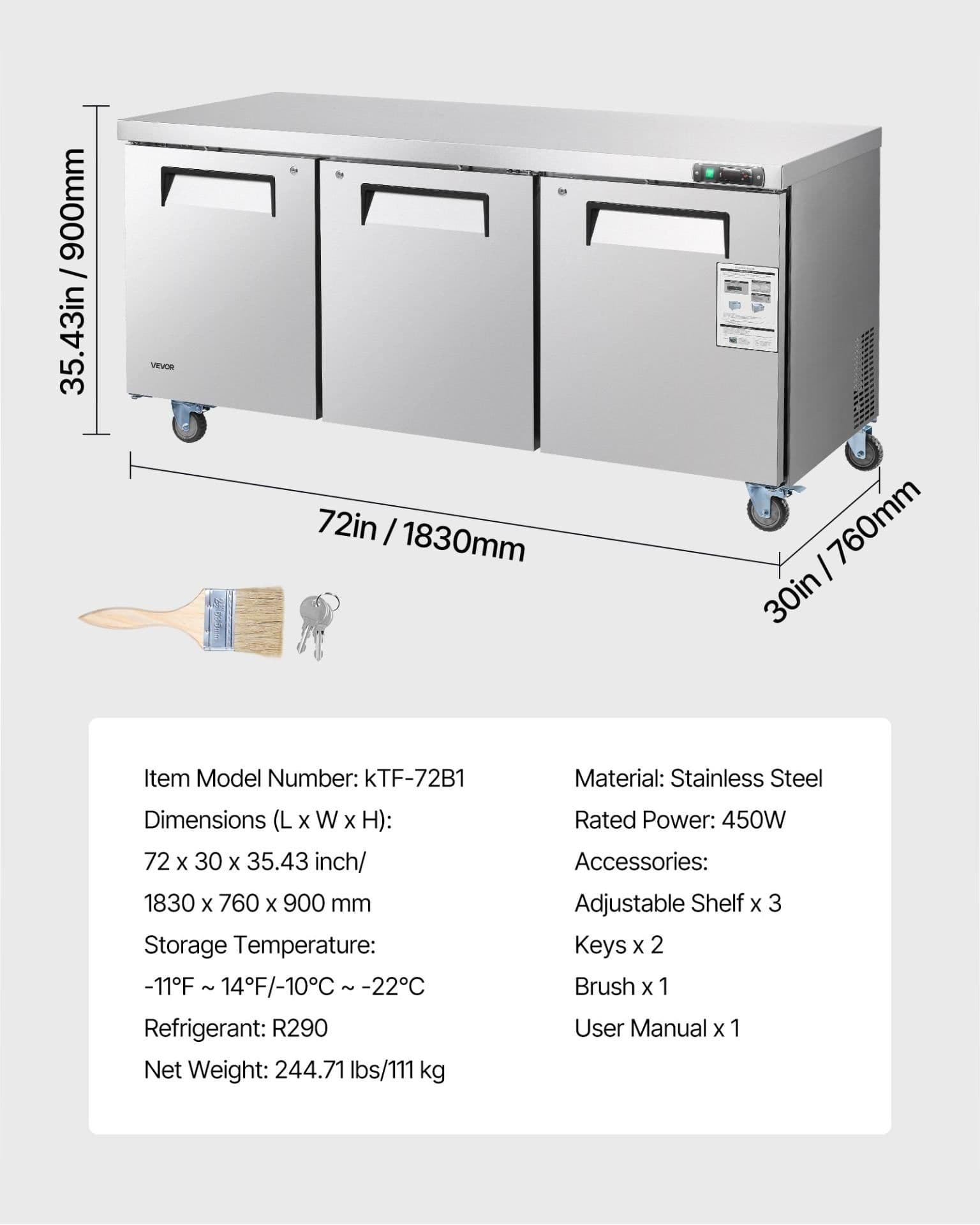 image-VEVOR 72" W Commercial Freezer, 17.7 Cu.Ft Worktop Freezers Undercounter with LED Auto Lighting and Lockable Door, 3 Doors Food Freezing Prep Worktable, Stainless Steel Prep Frozen Table with Casters