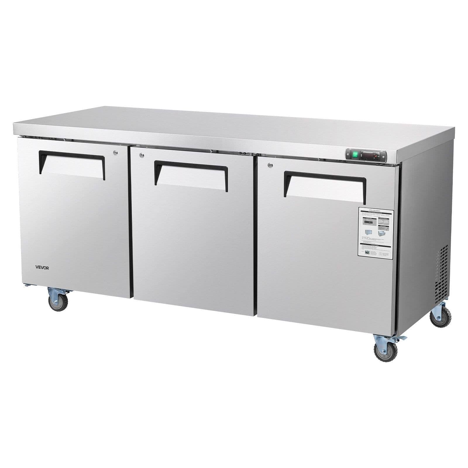 image-VEVOR 72" W Commercial Freezer, 17.7 Cu.Ft Worktop Freezers Undercounter with LED Auto Lighting and Lockable Door, 3 Doors Food Freezing Prep Worktable, Stainless Steel Prep Frozen Table with Casters