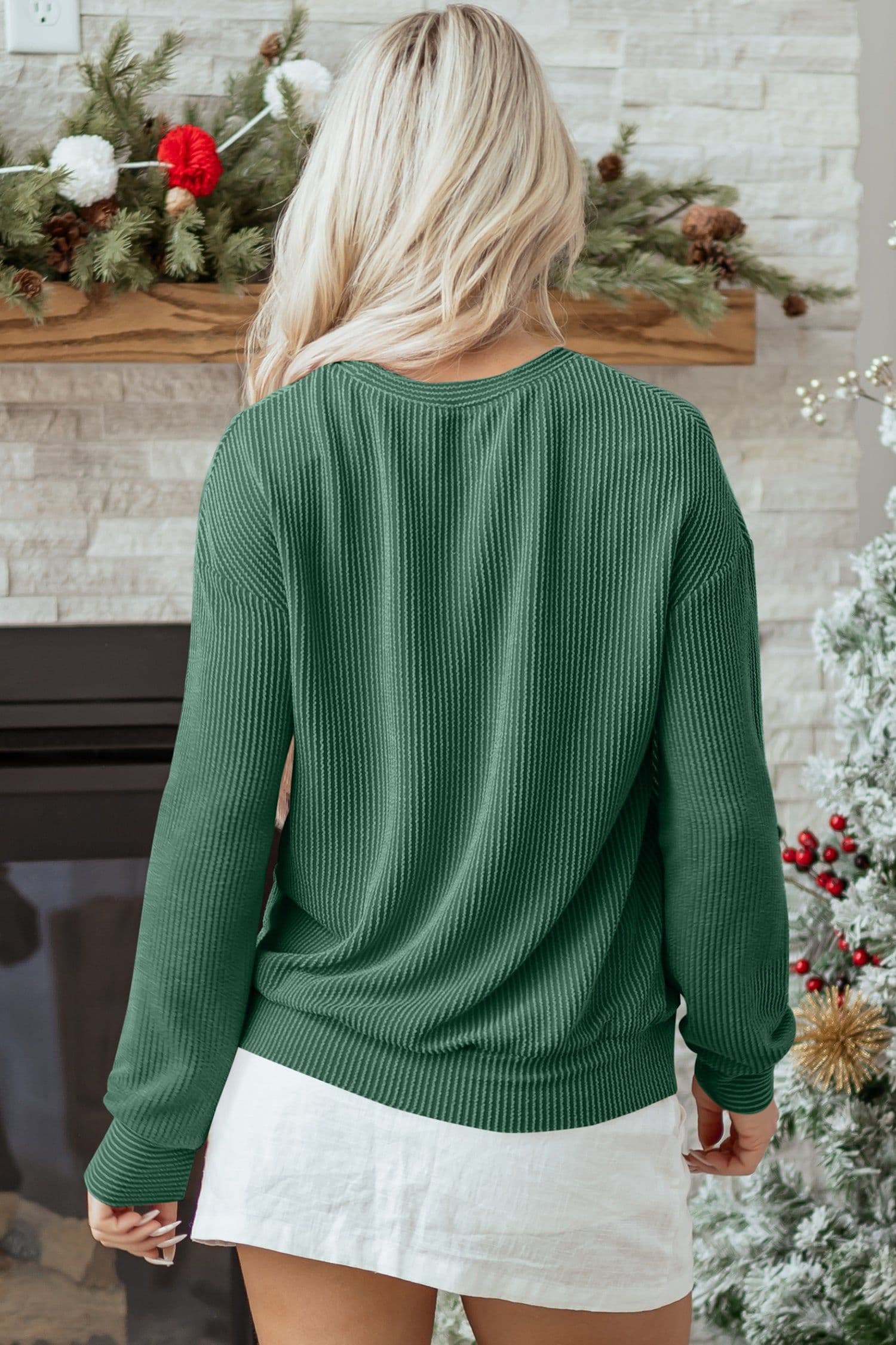 image-Blackish Green Twisted Rib Outlined Merry Letter Graphic Loose Long Sleeve Top