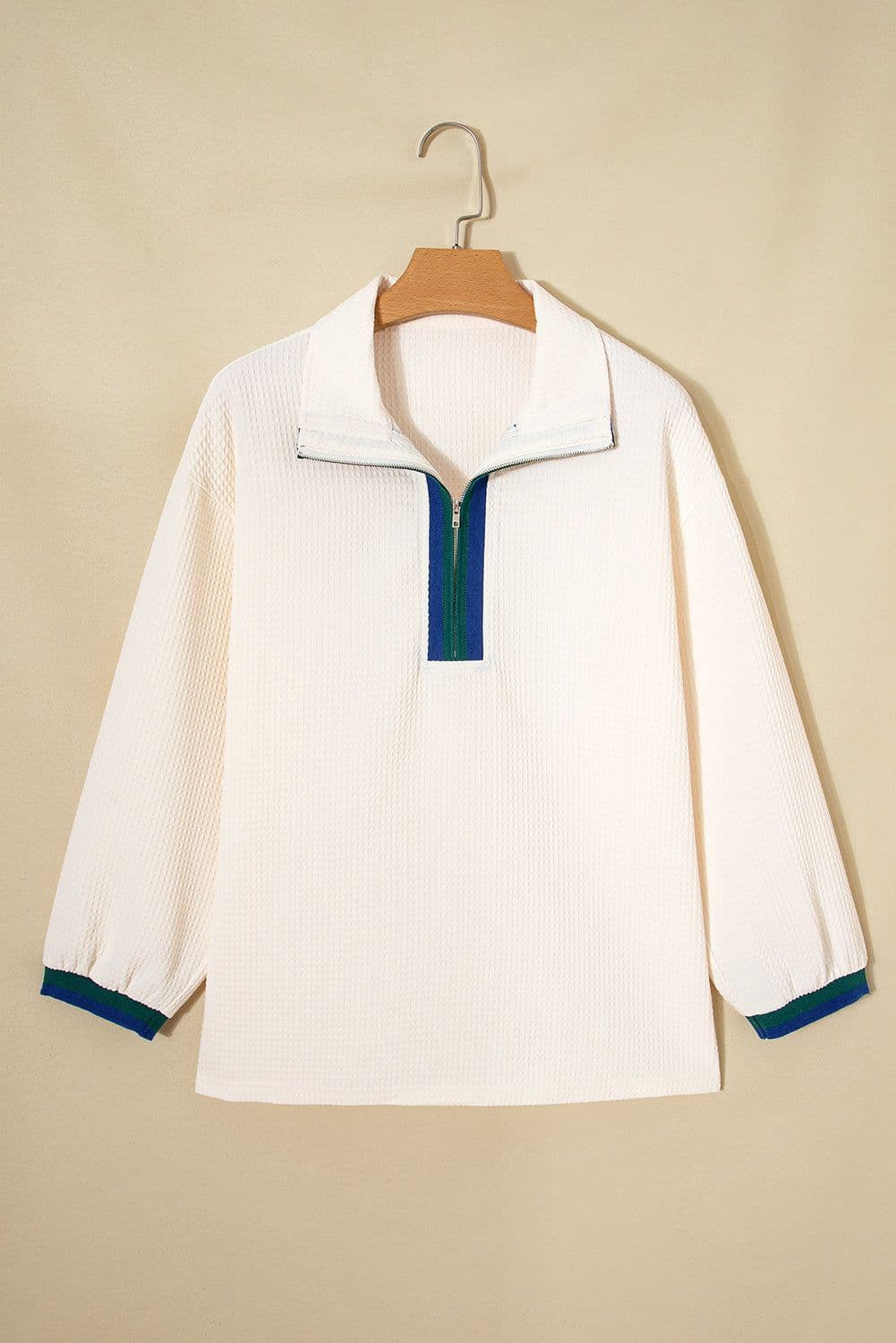 image-White Waffle Textured Contrast Polo Neck Zip up Jumper