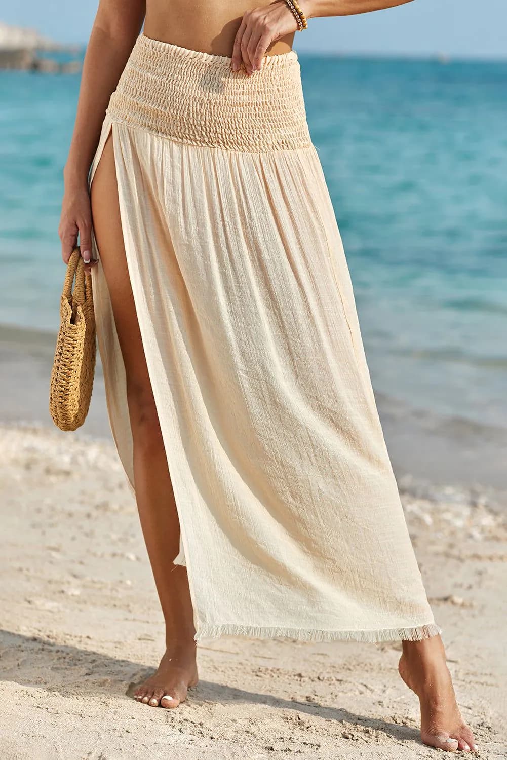image-Beige Shirred High Waist Split Long Beach Skirt