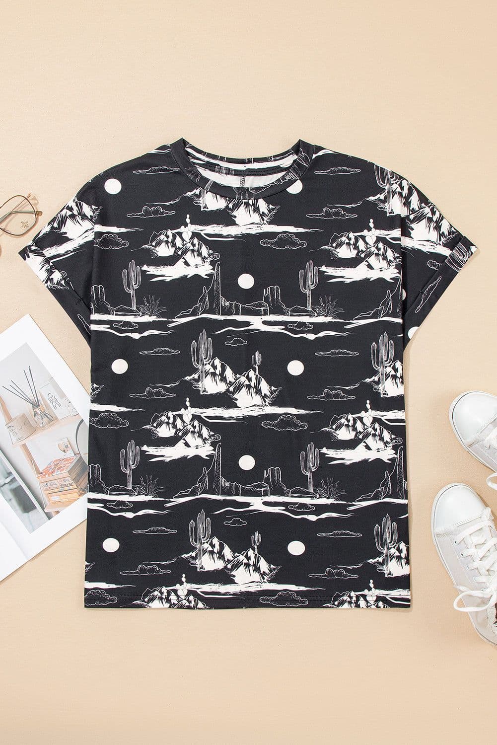image-Chestnut Desert Sand Print Short Sleeve Knit Top