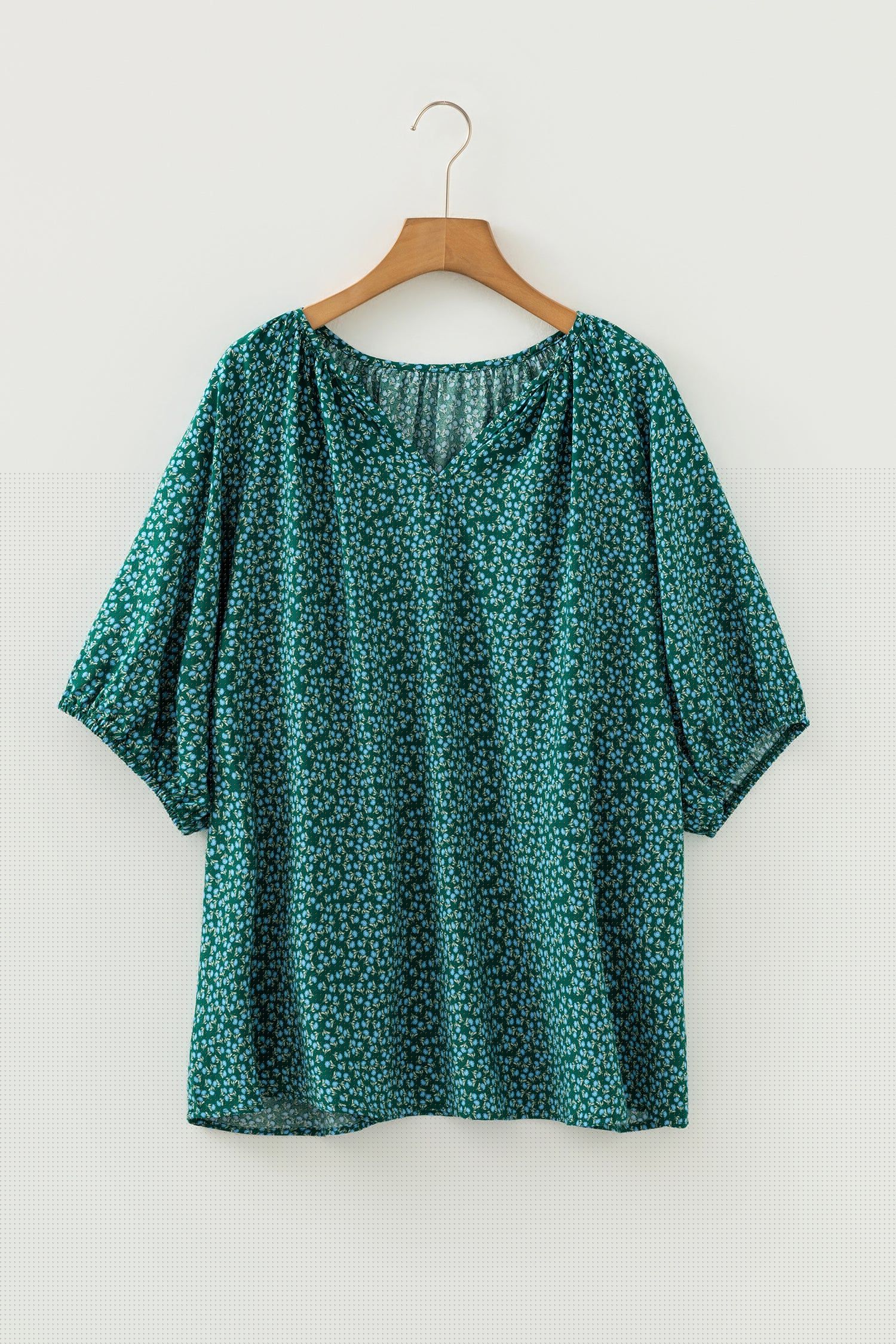 image-Yellow Floral Boho Chic Top - Plus Size Notched V-Neck Short Sleeve