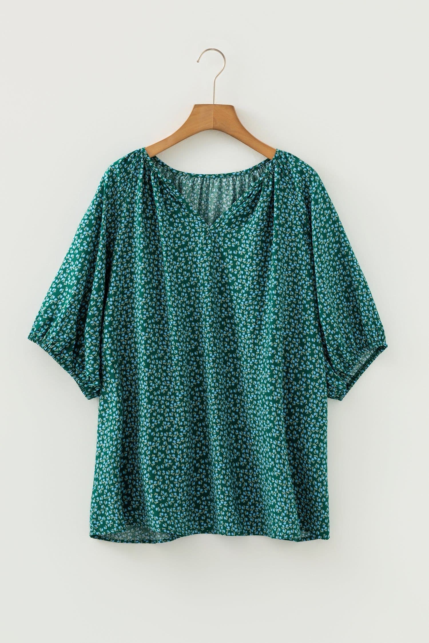 image-Yellow Floral Boho Chic Top - Plus Size Notched V-Neck Short Sleeve