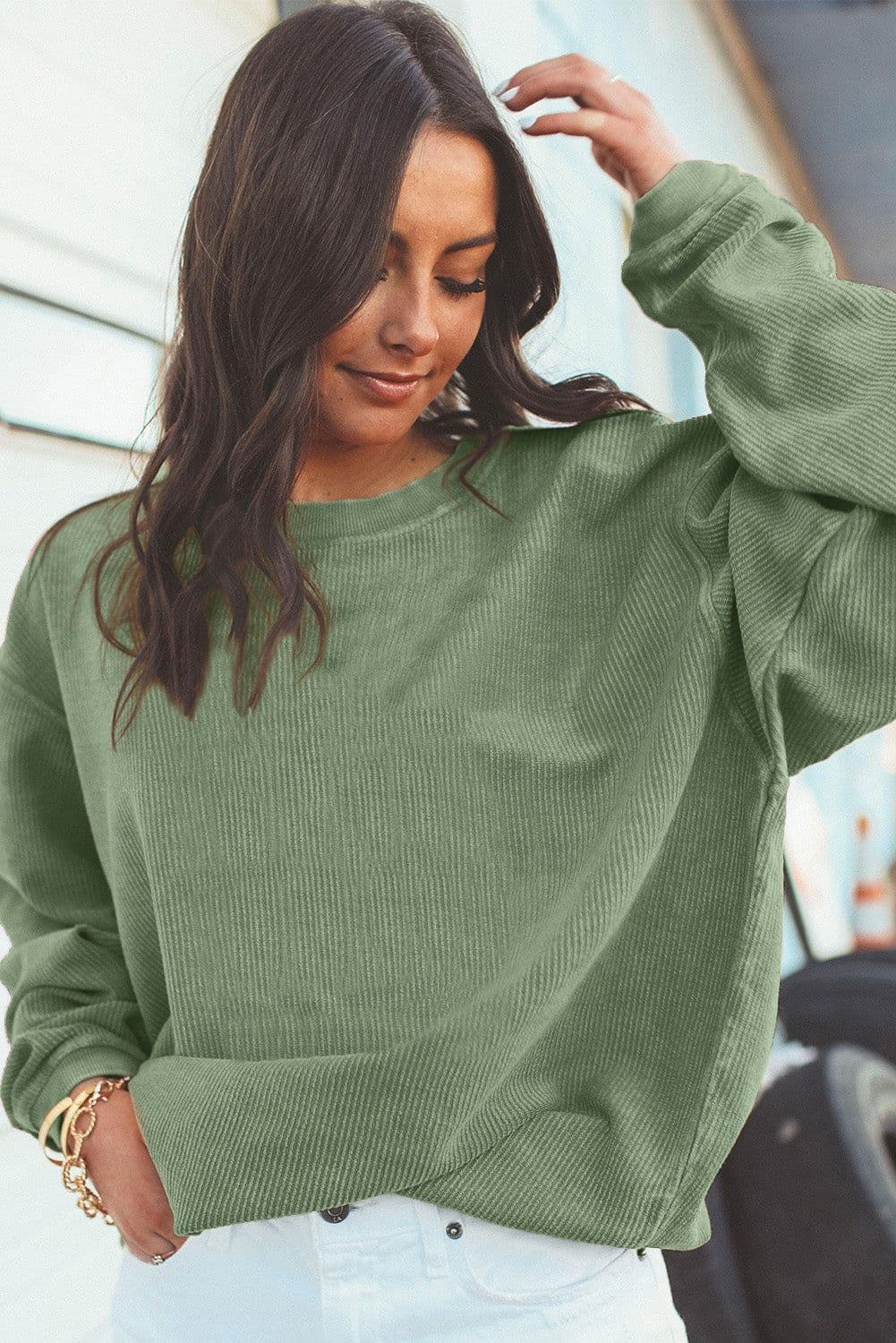 image-Strawberry Pink Ribbed Corded Oversized Sweatshirt