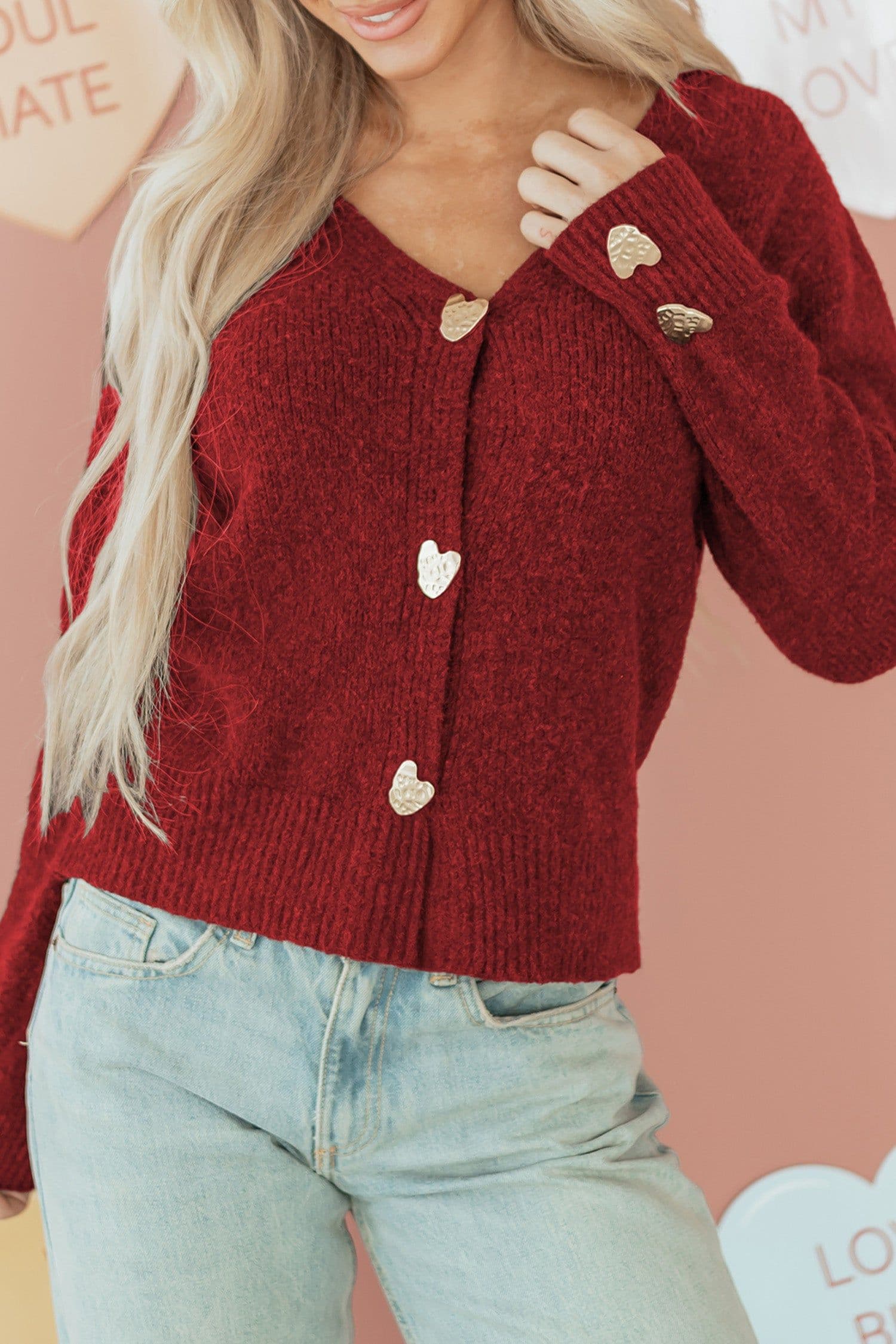 image-Chicory Coffee Heart Metal Button V Neck Cardigan