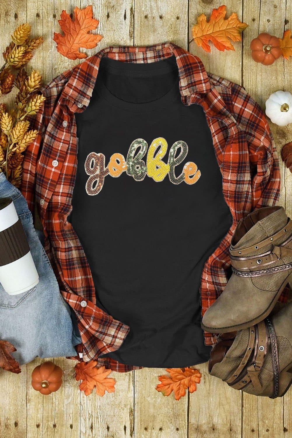 image-Black Gobble Sequin Graphic Thanksgiving T-Shirt