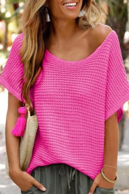 image-Pink Solid Loose Knit Short Dolman Sleeve Sweater
