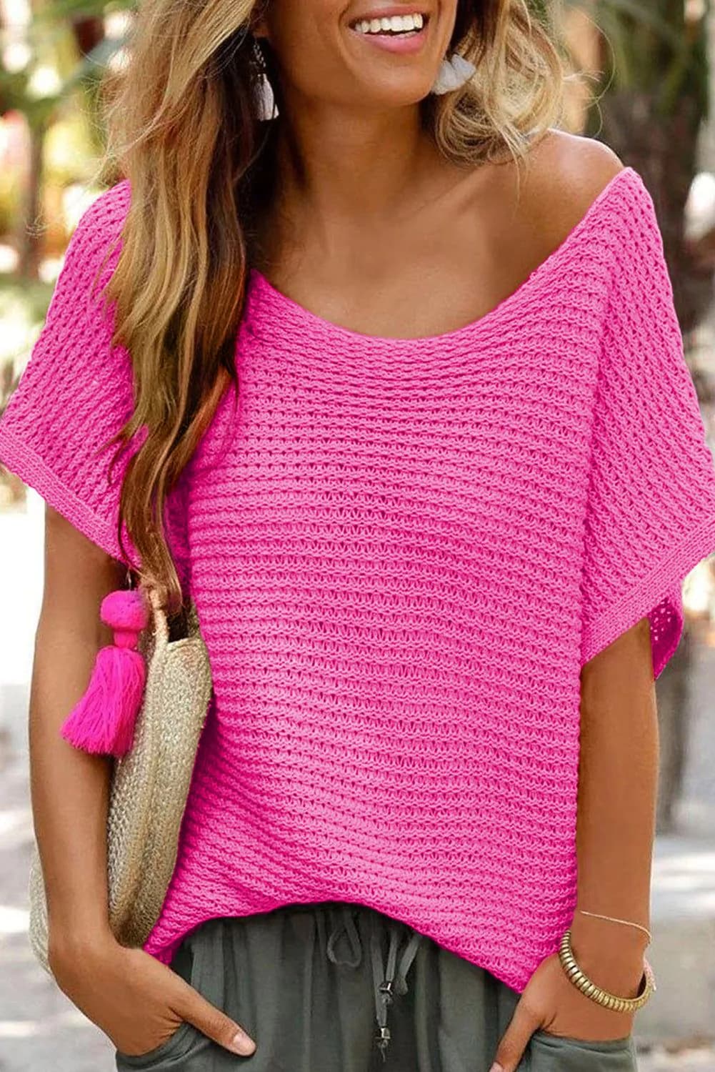 image-Pink Solid Loose Knit Short Dolman Sleeve Sweater