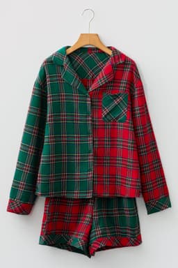 image-Green Plaid Contrast Patched Christmas Holiday Long Sleeve Shirt and Short 2pcs Pajama Set