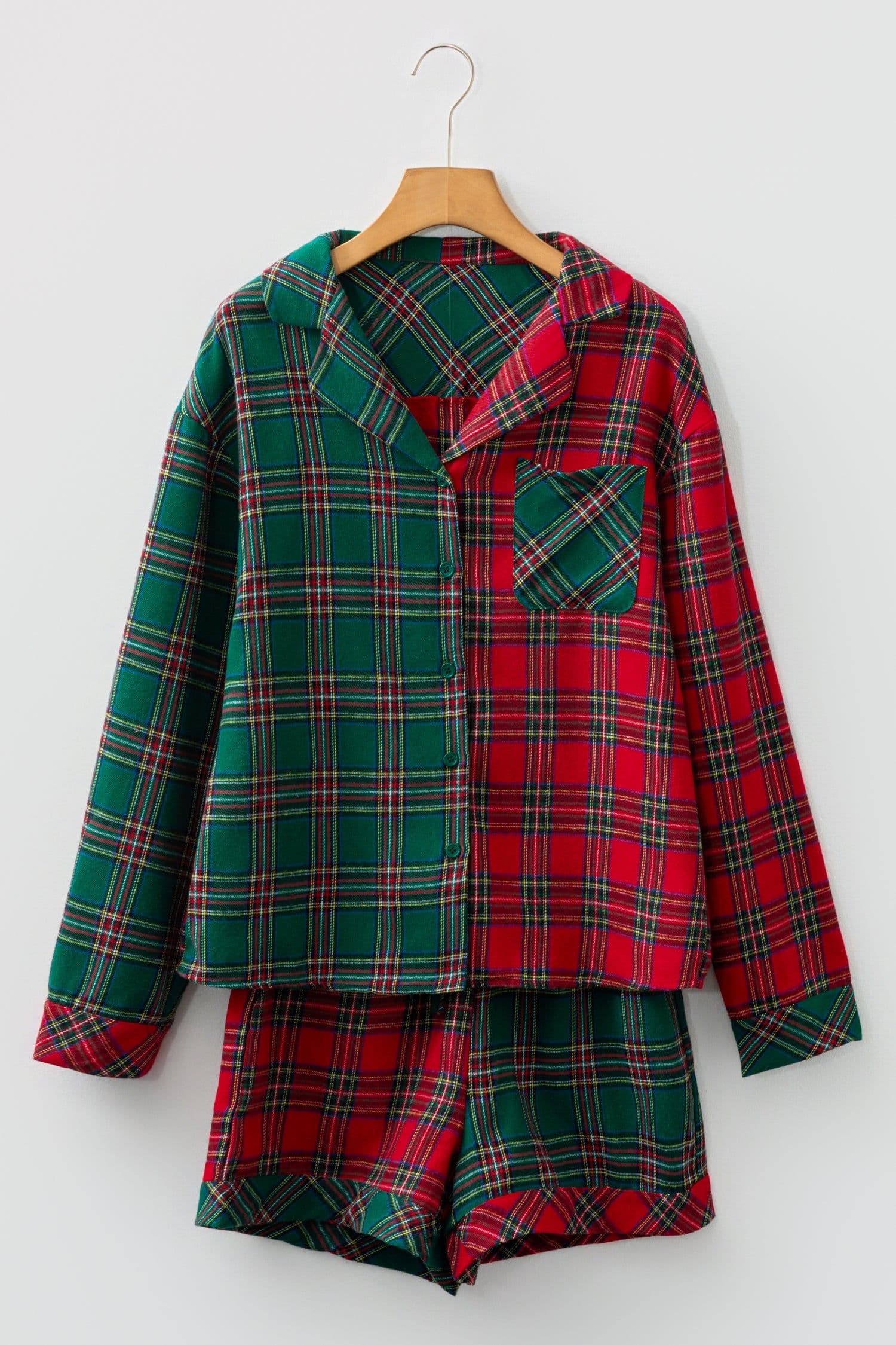 image-Green Plaid Contrast Patched Christmas Holiday Long Sleeve Shirt and Short 2pcs Pajama Set