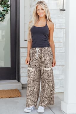 image-Khaki Animal Print Wide Leg Terry Knit Pants