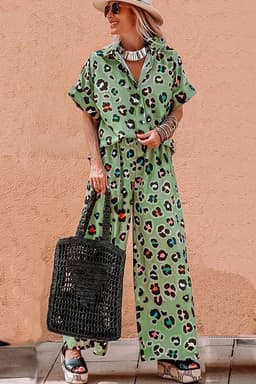 image-Green Leopard Print Shirt & Pants Set - Short Sleeve & Wide Leg Chic Outfit