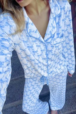 image-Sky Blue Bow Print Pajama Set Long Sleeve