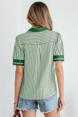 image-Green Stripe Collared Split Neck Bubble Sleeve Blouse
