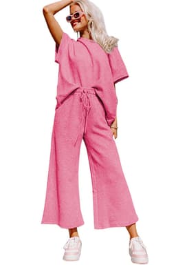 image-Strawberry Pink Textured Loose Fit T Shirt and Drawstring Pants Set