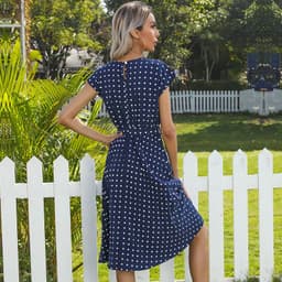 image-Summer Women Polka Dot Short Sleeve Dress Casual Bandage Party Pleated Midi Dresses Elegant Green Office Lady Clothing