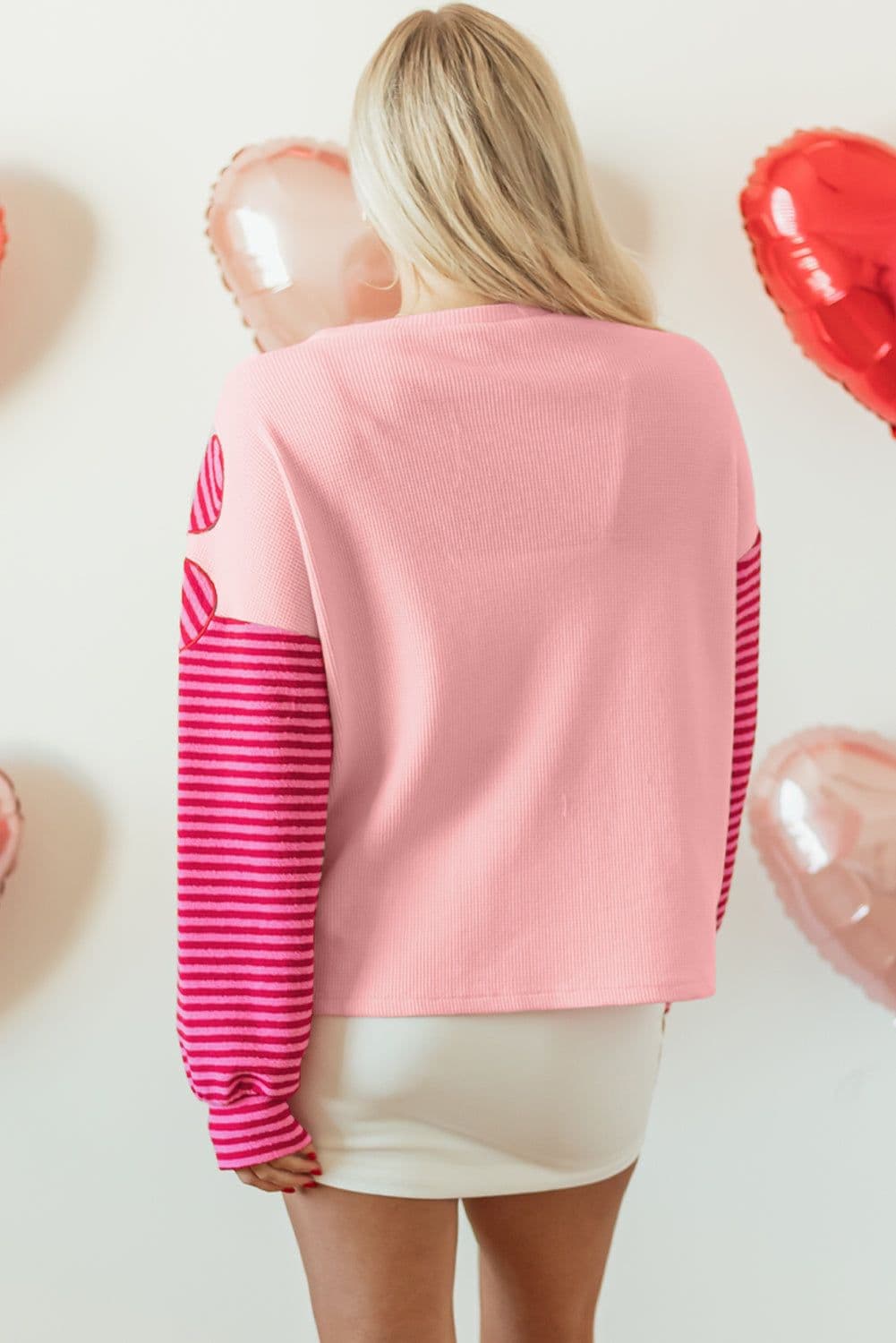 image-Floral Patch Textured Top - Striped Sleeves, Pink, Sizes S-XL