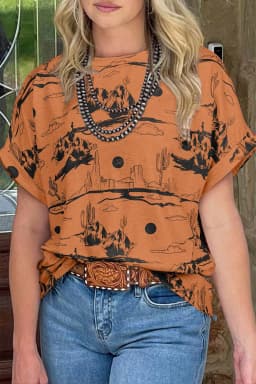 image-Chestnut Desert Sand Print Short Sleeve Knit Top