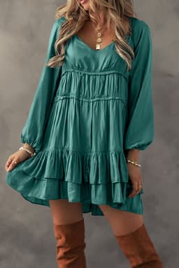 image-Mist Green Ruffled Puff Sleeve Mini Dress - Tiered Loose Fit