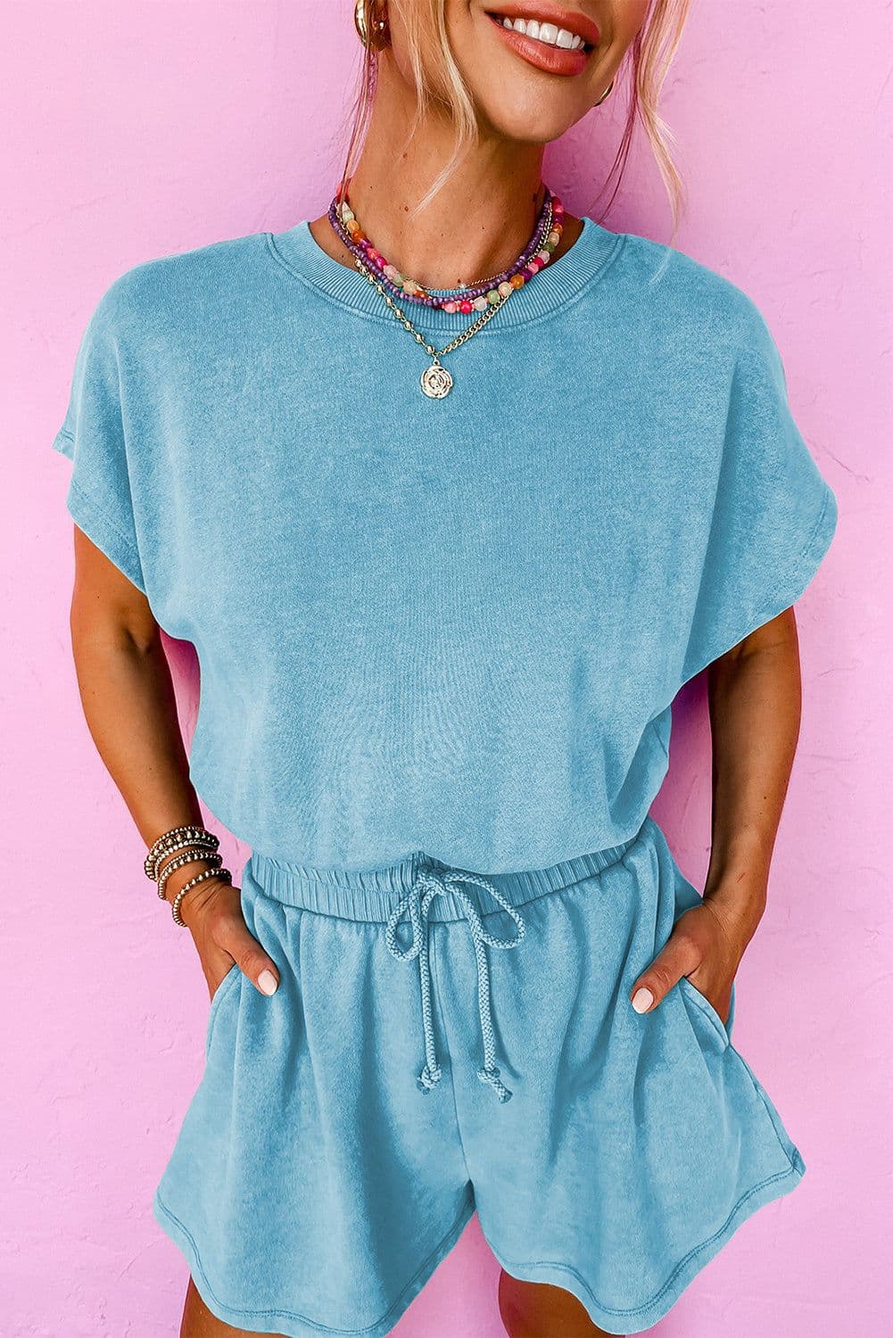 image-Sea Green Mineral Wash Drawstring Elastic Waistband Hollow Out Back Short Sleeve Romper