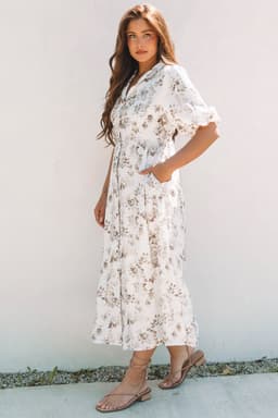 image-Khaki Floral Puff Sleeve V Neck Maxi Dress