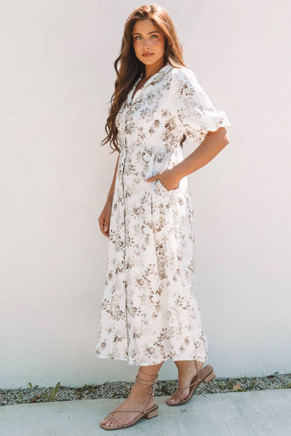 image-Khaki Floral Puff Sleeve V Neck Maxi Dress