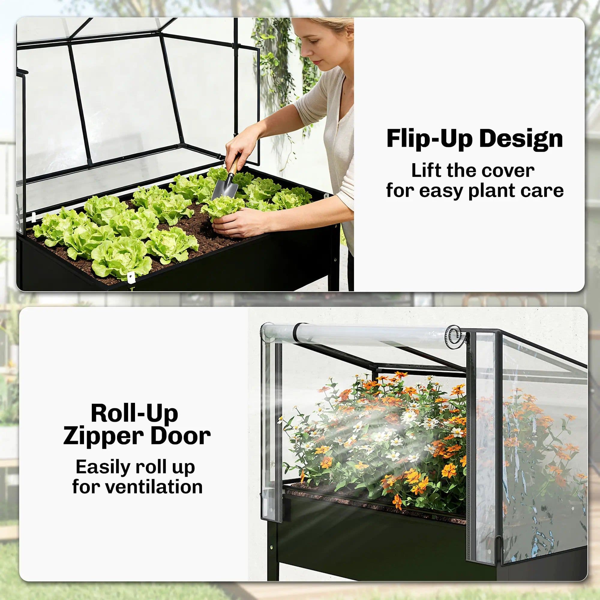 image-Raised Garden Bed with Mini Greenhouse - Black Metal