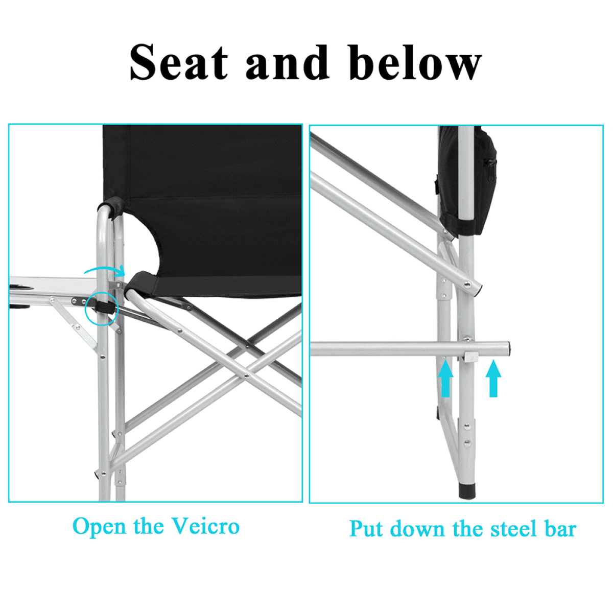 image-Round Director's Chair - Silver Iron/Black Cloth - 103x60x49cm - 120kg