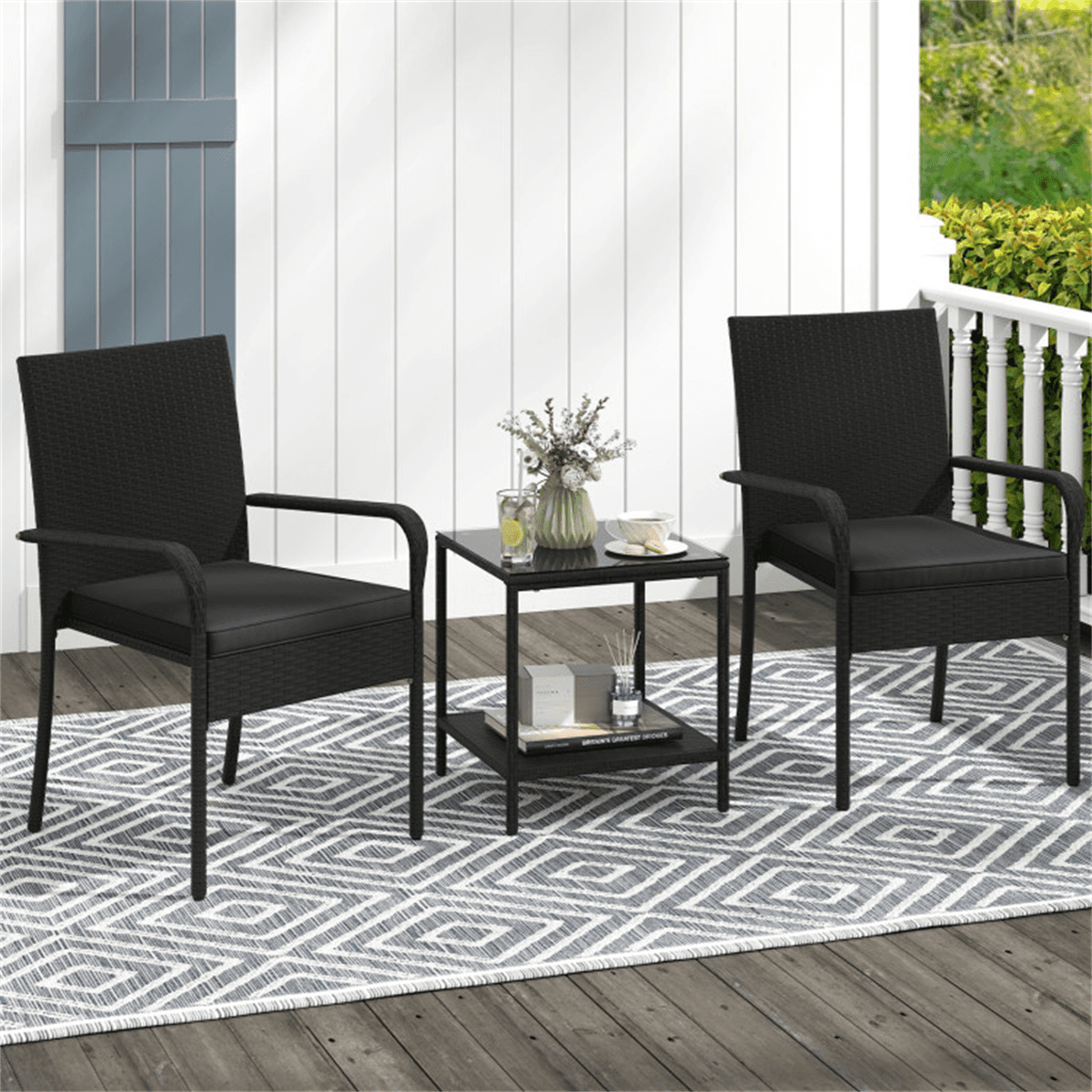image-3-Piece Black PE Wicker Bistro Set with 2-Tier Side Table - Outdoor Patio Furniture