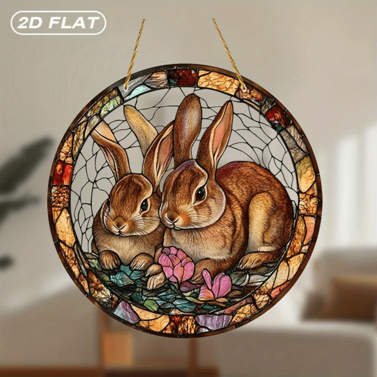image-Acrylic Two Rabbits Floral Stained Glass Suncatcher - Garden Decor 20x20cm