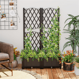 image-Rustic Trellis Planters Set of 2, Garden Boxes for Indoor Outdoor, Self-Watering, Brown