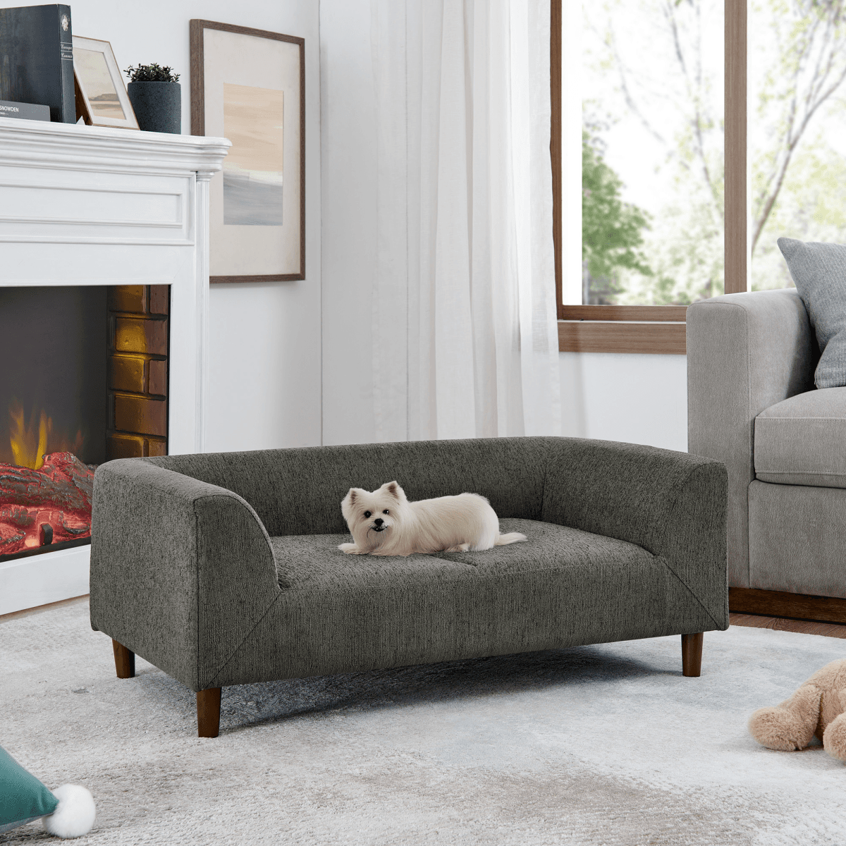image-Pet sofa with backrest and armrests, modern rectangular pet sofa suitable for small and medium dogs, soft cushion comfortable dog sofa,--Dark grey