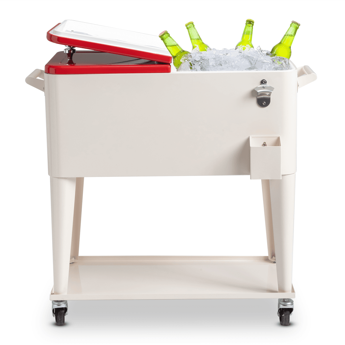 image-80QT Cooler Cart - White/Red, Insulated, 48hr Cold, 8hr Warm, 242lb Load
