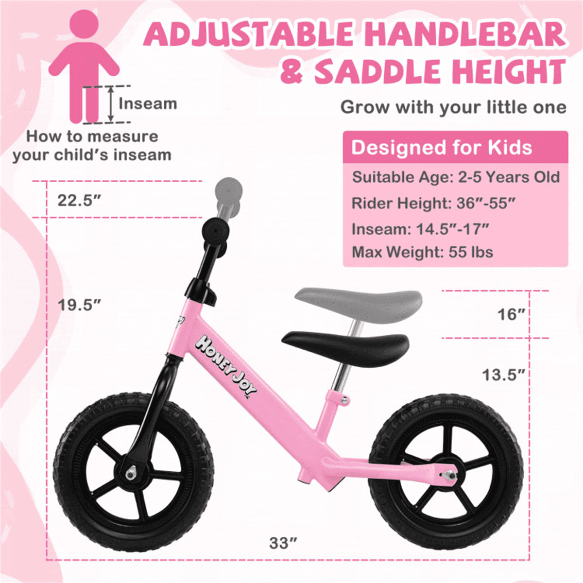 image-Toddler Balance Bike 2-5 Years 11" Pink