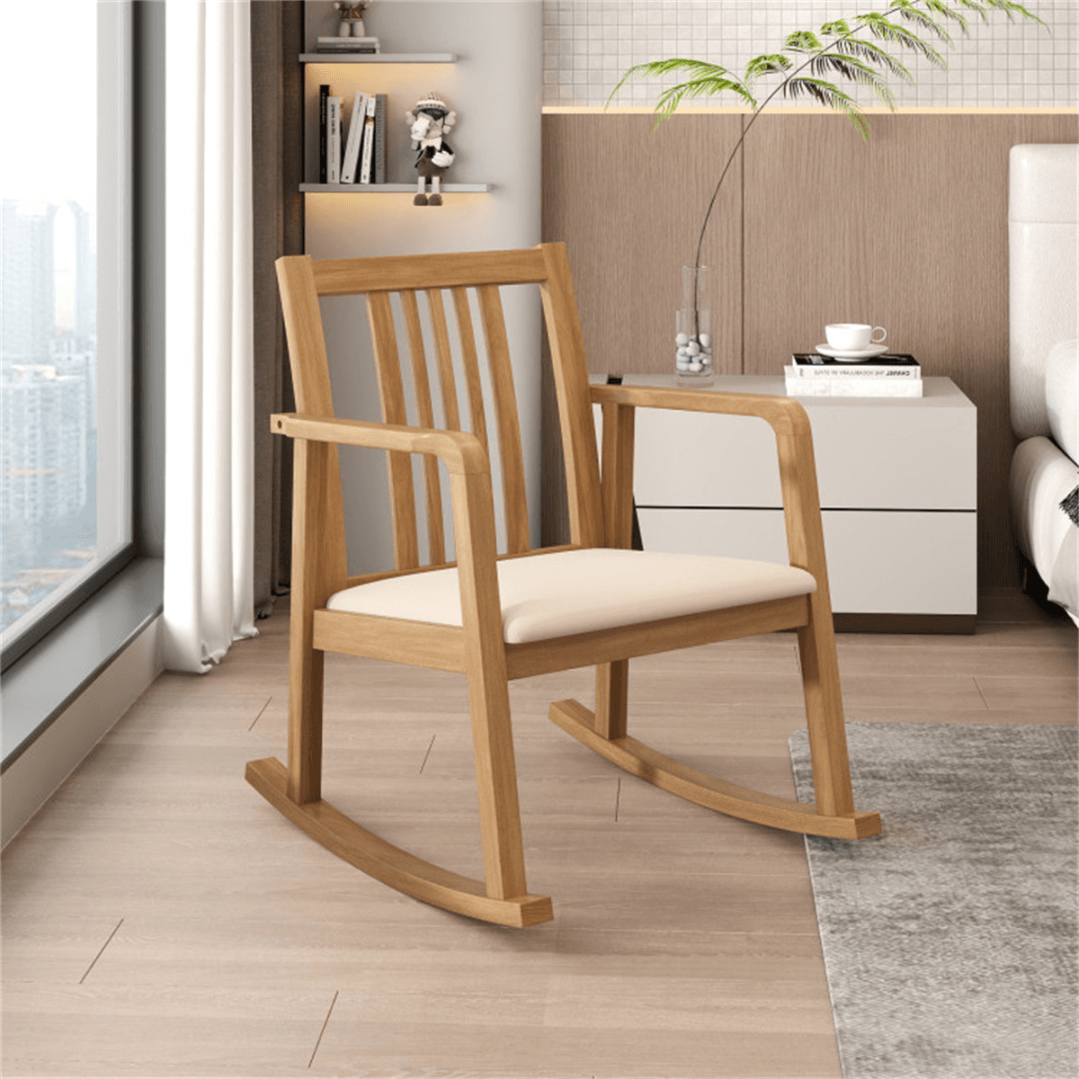image-Rubber Wood Rocking Chair - Natural Linen 400 lbs