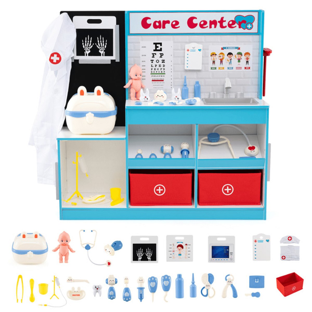 image-Blue Wooden Doctor Playset with X-ray, ECG, Sink, Measurer for Toddlers 3-6