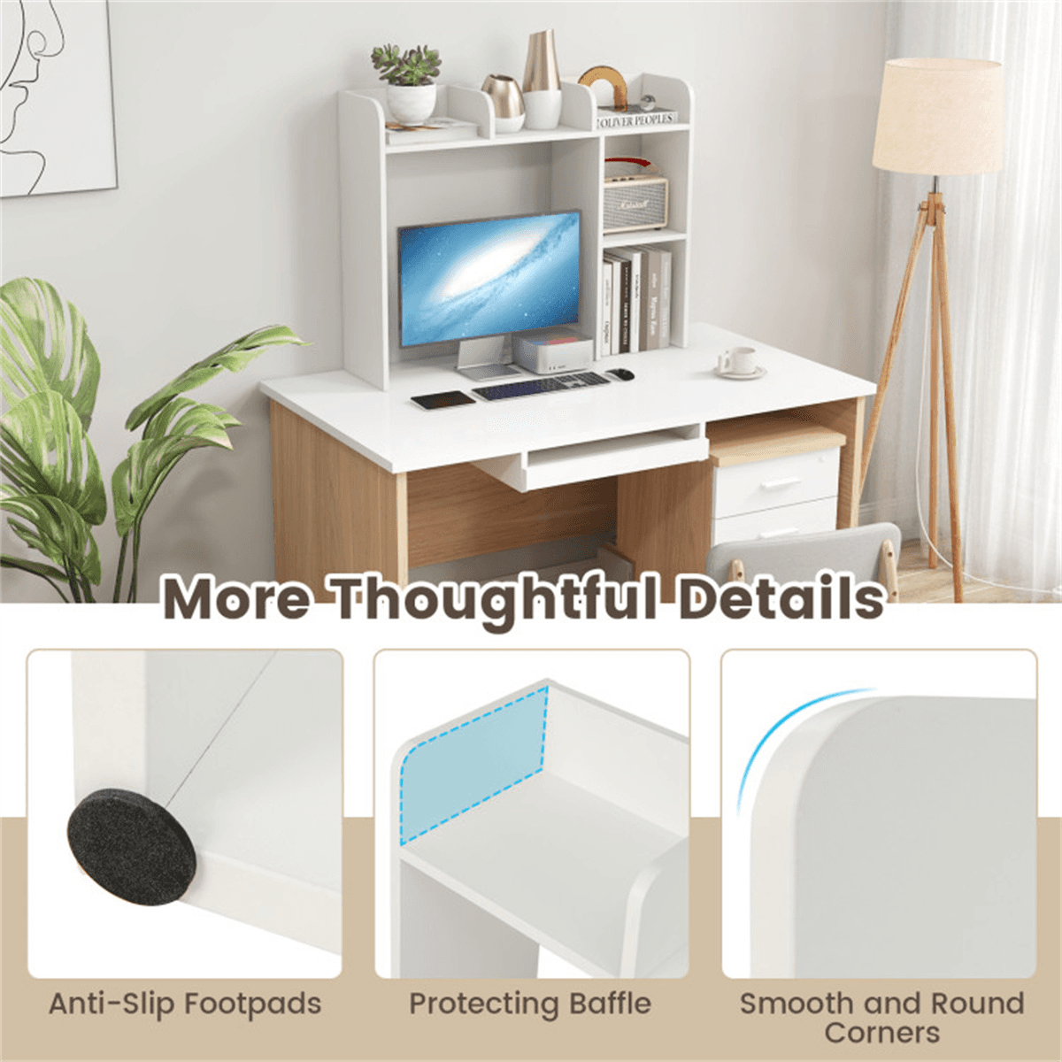 image-White Engineered Bookshelf for 27'' Monitor, 94x25x74cm Wood Desk Hutch 100lbs Capacity