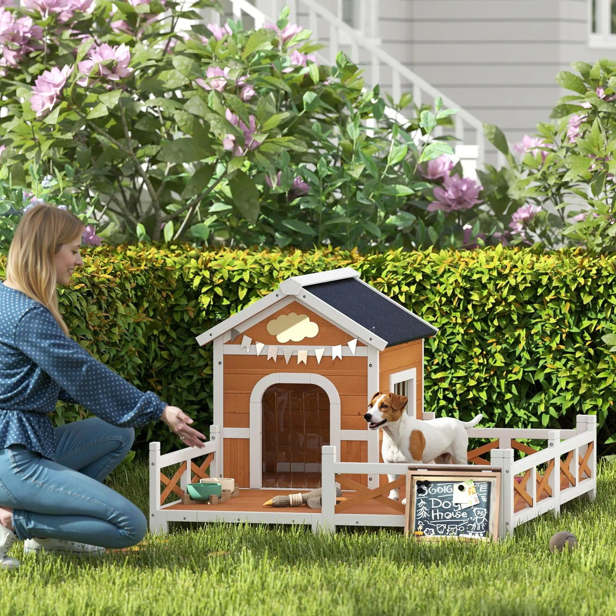image-PawHut Outdoor Dog House - Small to Medium, Asphalt Roof, Wooden, 46.7"x55.9"x31.5"