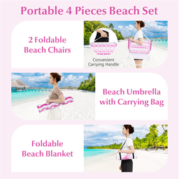 image-4-Piece Beach Set - 6.2ft Umbrella, 2 Chairs & Blanket Pink