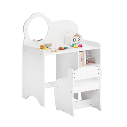 image-Kids Vanity Table - White, Wooden Dresser with Mirror & Chair, Storage Shelves, Playroom Furniture