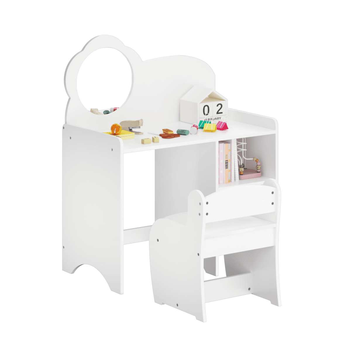 image-Kids Vanity Table - White, Wooden Dresser with Mirror & Chair, Storage Shelves, Playroom Furniture